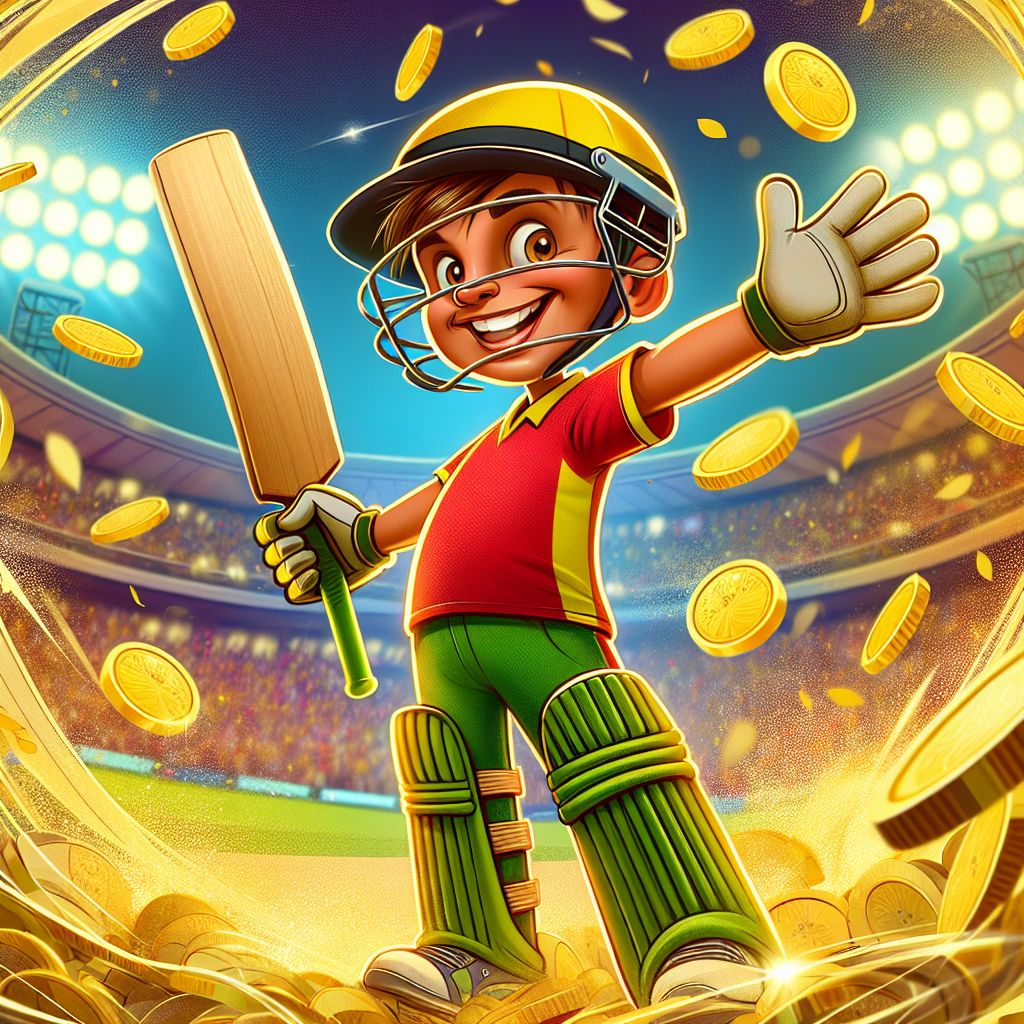 Cartoon character holding a cricket bat and a winning betting slip for 1111btk