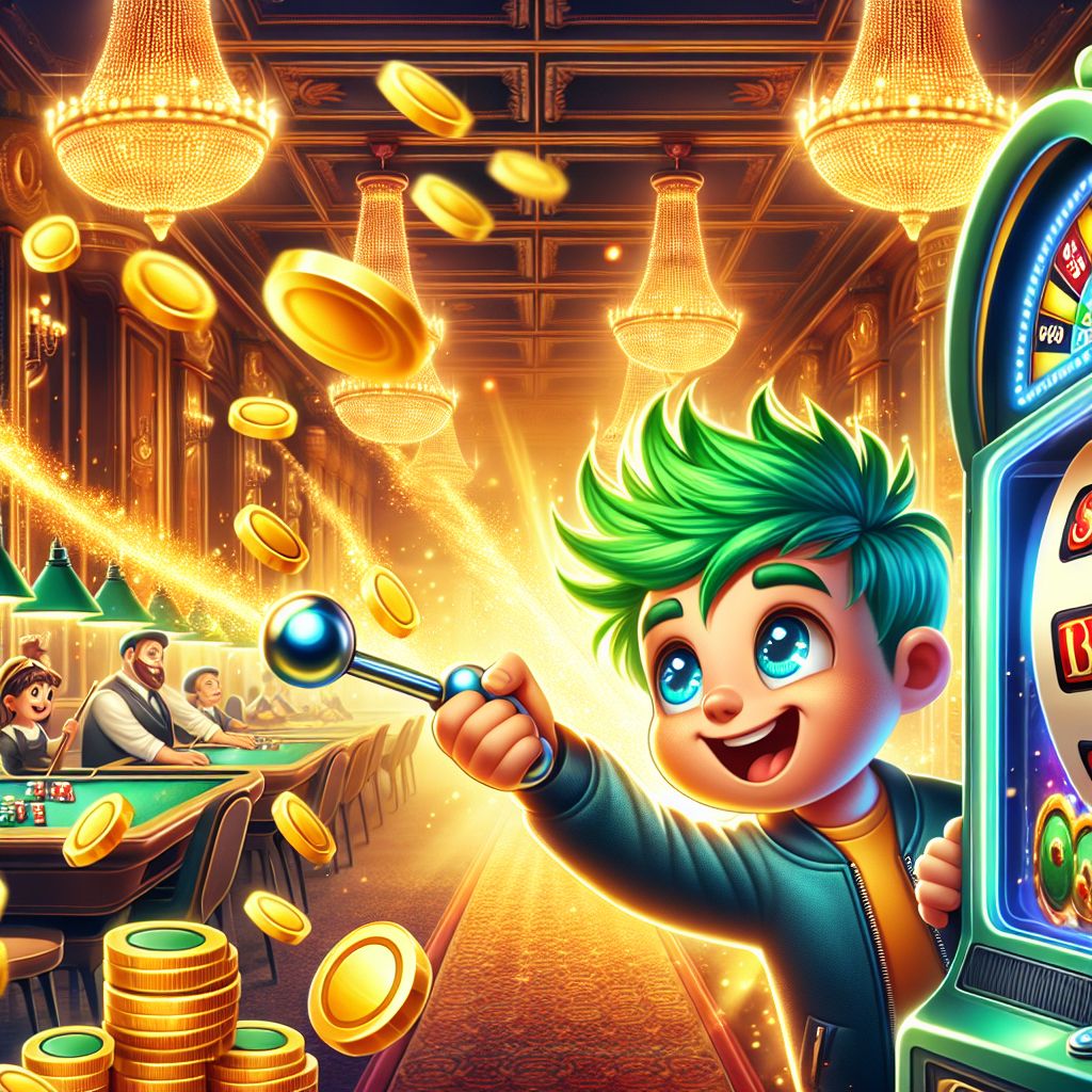1111btk slots cartoon character spinning a glowing slot machine